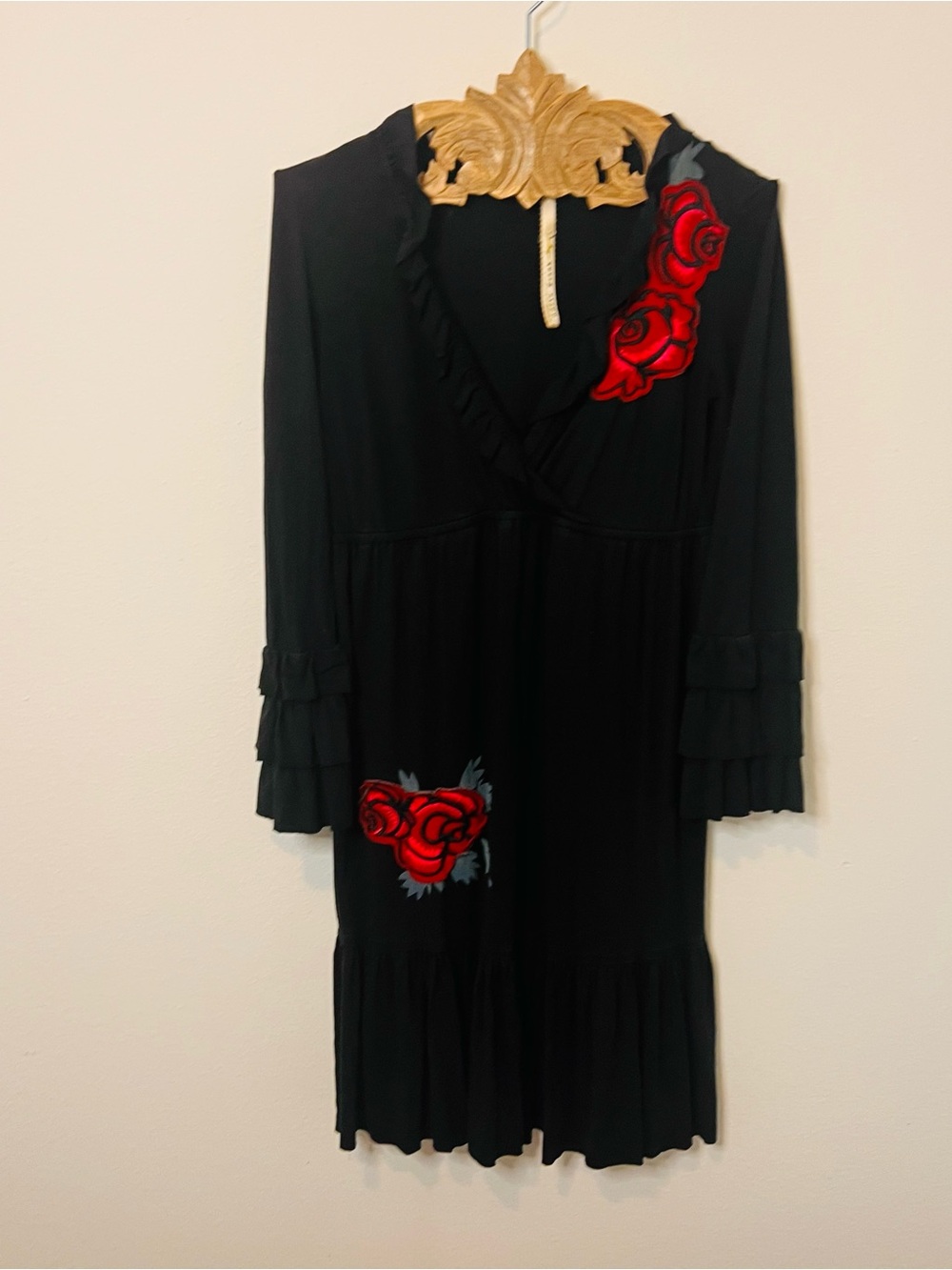 Uncle Frank Black Embroidered Rose Faux Wrap Ruffle Dress Size Small